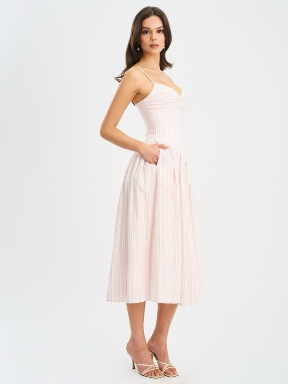 Zania Pink Stripe Ruched Breast Cotton Midi Dress Small NEW in bag - Picture 7 of 10